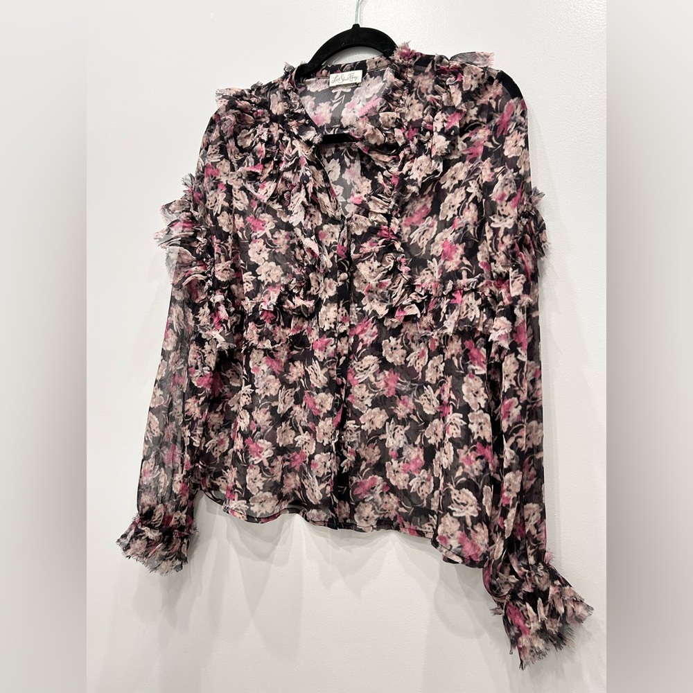 LoveShackFancy 100% Silk Floral Ruffle Blouse